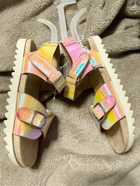 Cat & Jack Iridescent Rainbow Buckle Sandals - Pink, Yellow, Blue NWOT